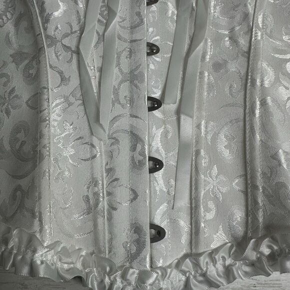 Pin Up White Jacquard Floral Lace Up Boned Frilly Corset Bustier Top S - Picture 13 of 16